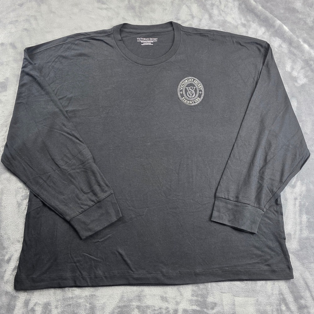 Victoria's Secret T-Shirt Women Large Black Rhinestone Logo Long Sleeve Cotton‎